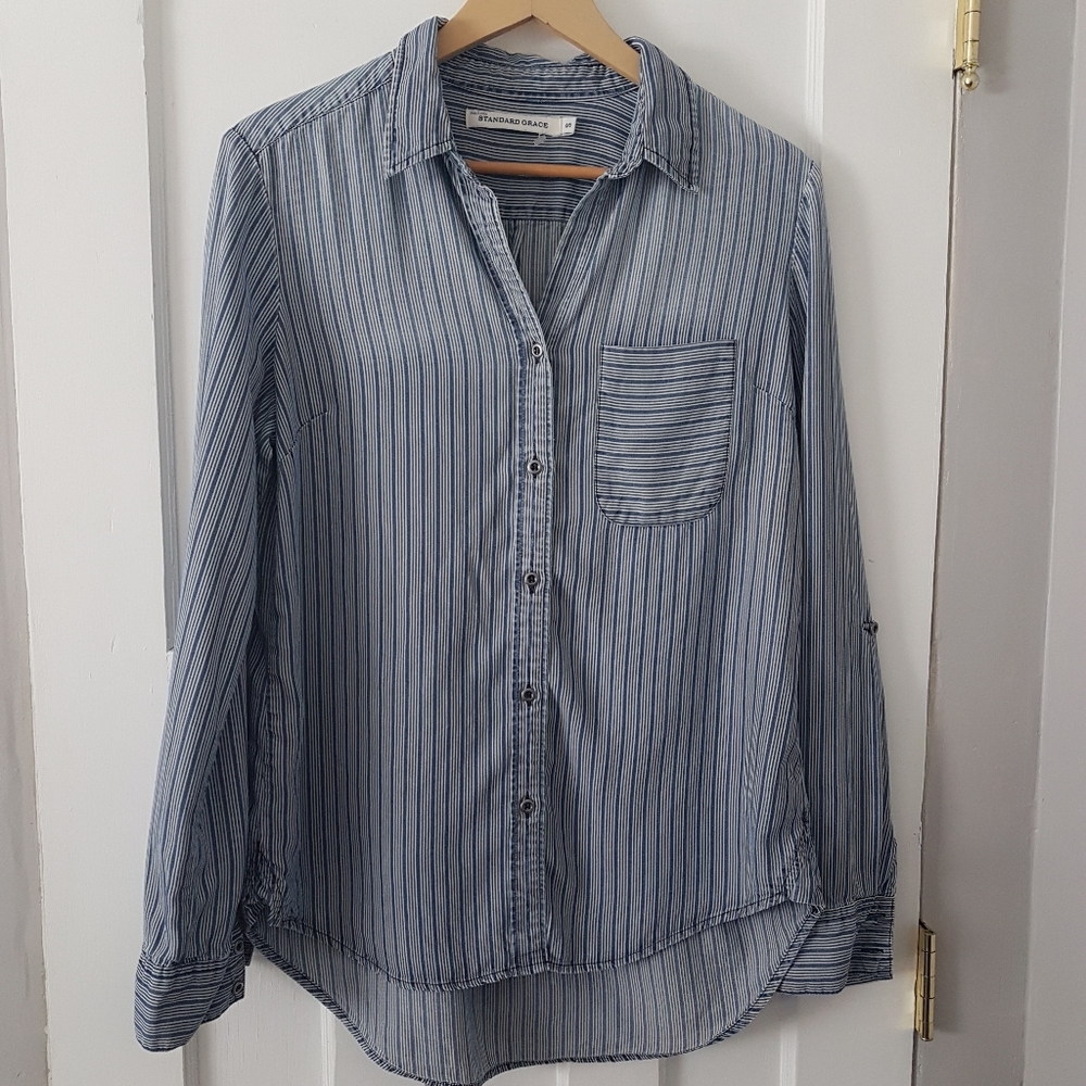 Standard Grace Button Up Pin Striped Long Sleeve Flowy Shirt White/Blue Sz S